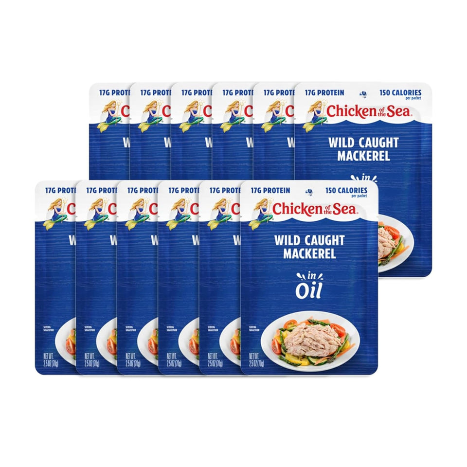 Chicken of the Sea Mackerel in Oil packet front for convenient, shelf-stable protein