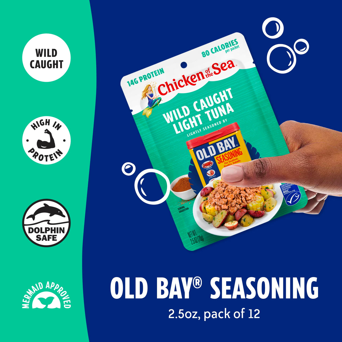 Chicken of the Sea OLD BAY tuna pouch in hand for portable protein.