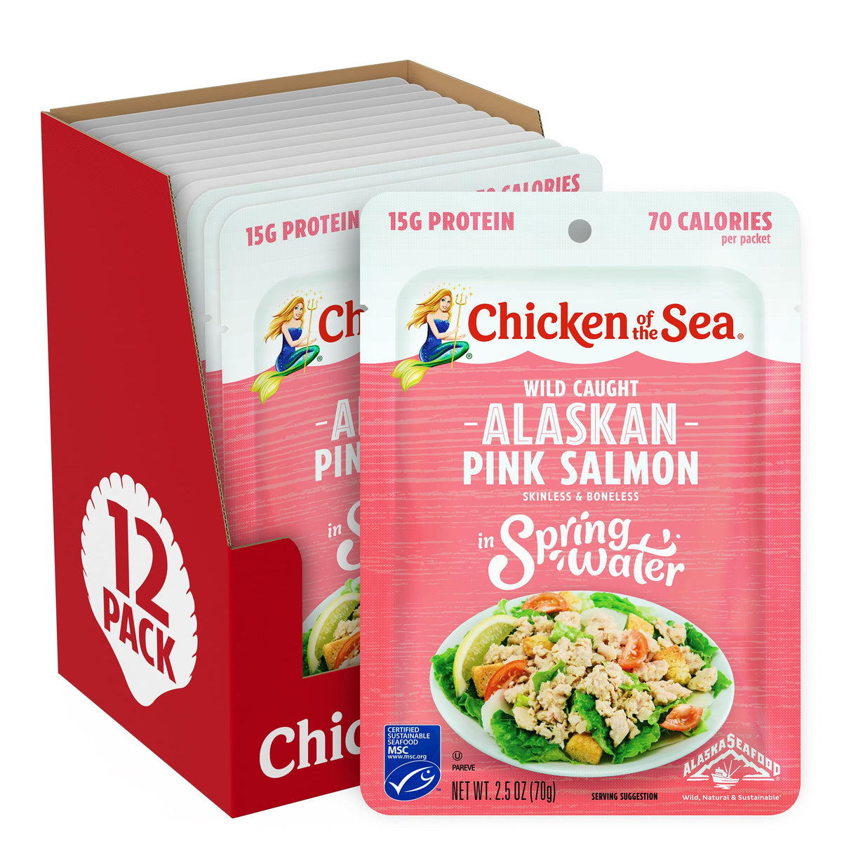 Chicken of the Sea pink salmon in spring water pouch, ready-to-eat convenience.