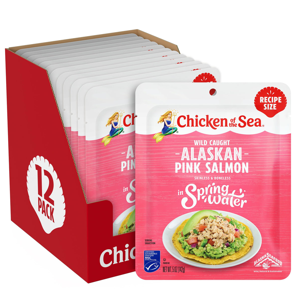 Chicken of the Sea pink salmon in water packaging, ready-to-eat protein on the go.