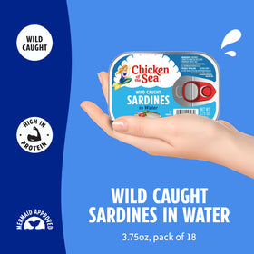 Chicken of the Sea sardines in water can, shown from the back.