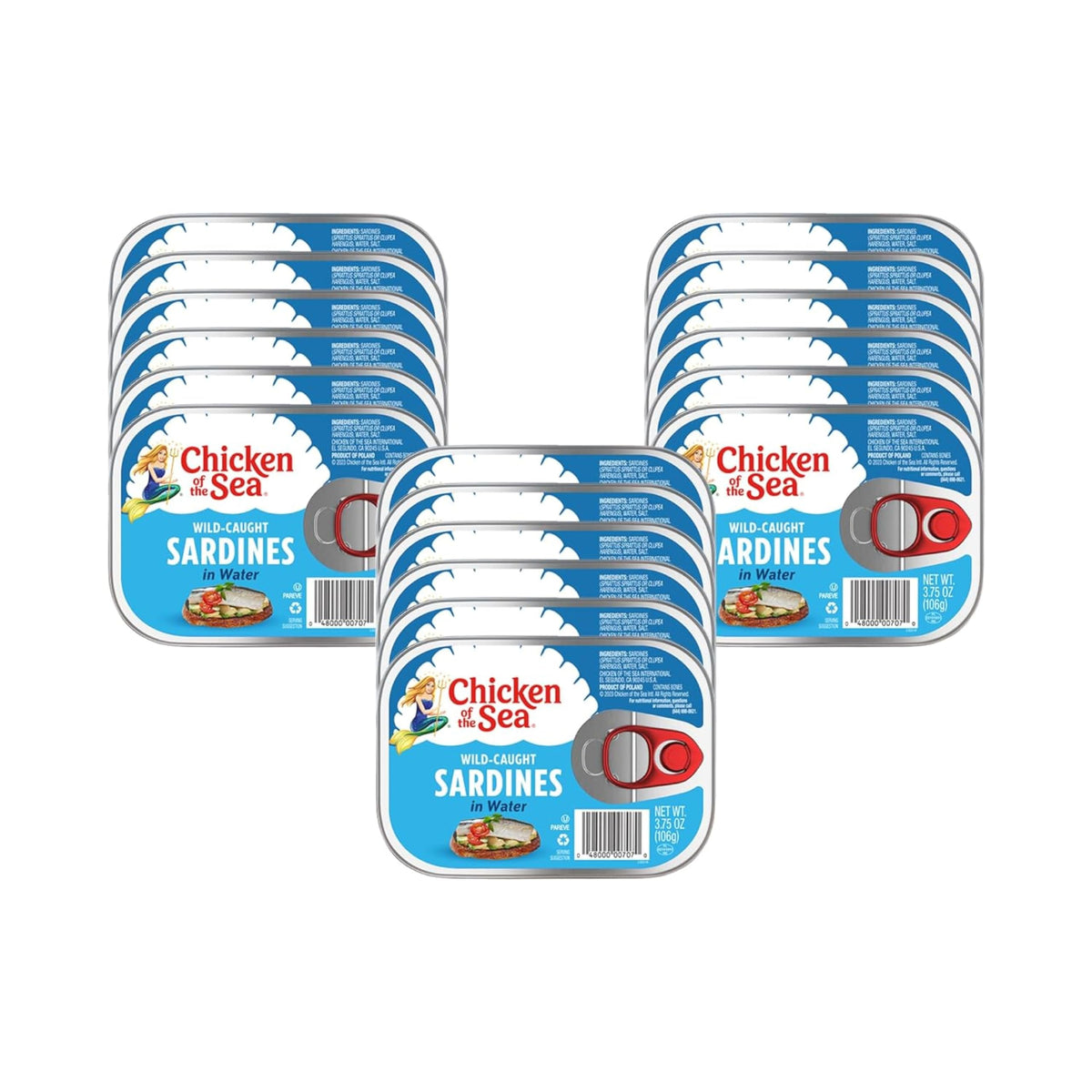 Chicken of the Sea sardines in water can, lean protein for quick meals.