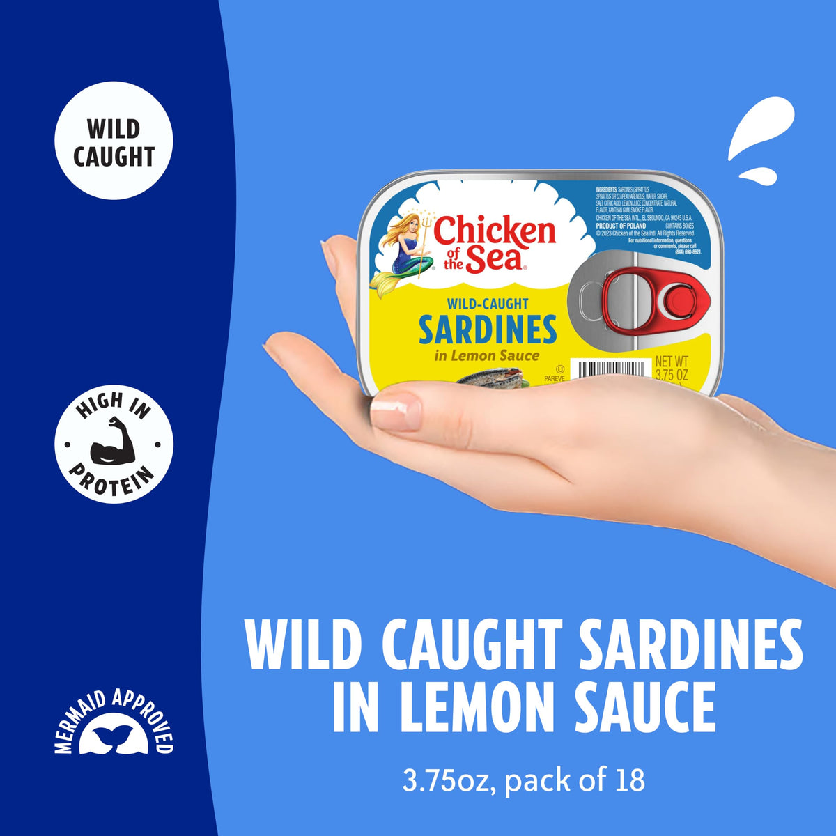 Chicken of the Sea sardines lemon sauce label closeup, MSC certified sustainability.