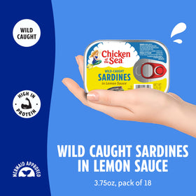Chicken of the Sea sardines lemon sauce label closeup, MSC certified sustainability.