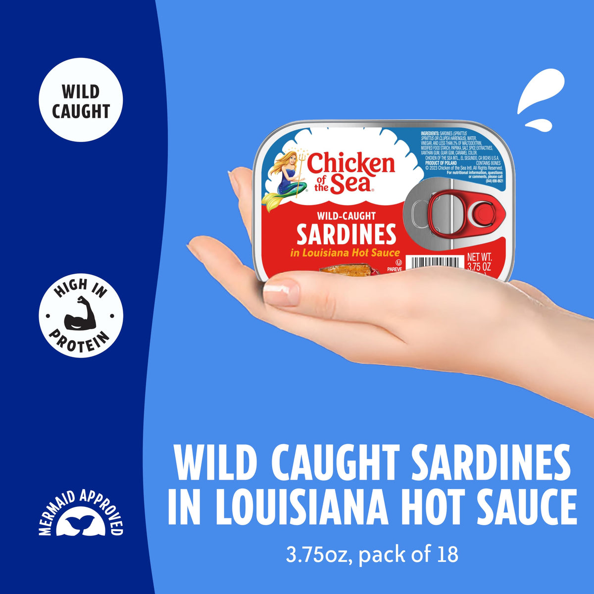 Front view of the 3.75 oz can of Chicken of the Sea Louisiana hot sauce sardines.