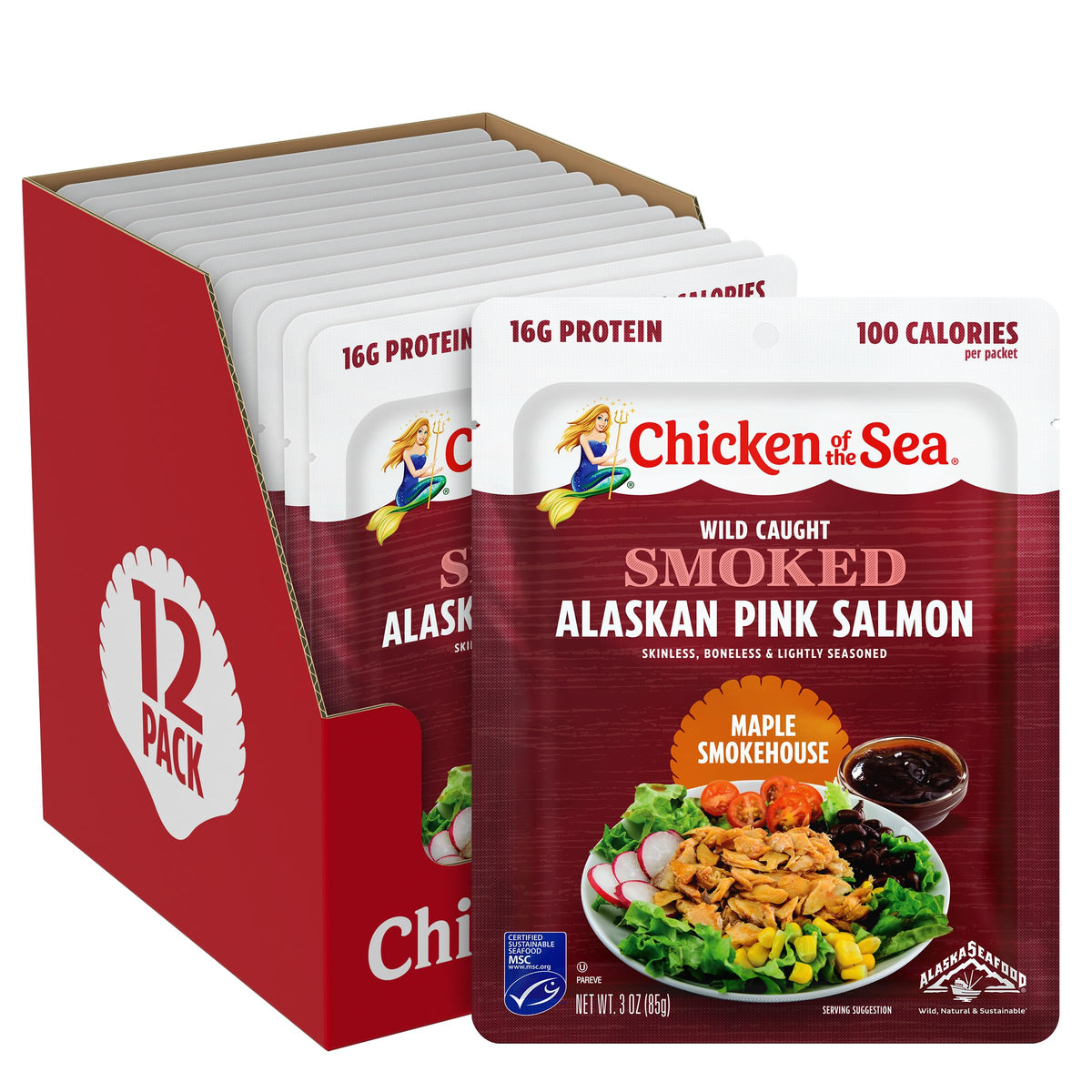 Chicken of the Sea Smoked Alaskan Pink Salmon Maple Smokehouse pack on shelf shows convenient ready-to-eat seafood.