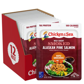 Chicken of the Sea Smoked Alaskan Pink Salmon Maple Smokehouse pack on shelf shows convenient ready-to-eat seafood.