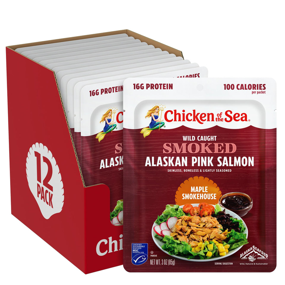 Chicken of the Sea Smoked Alaskan Pink Salmon Maple Smokehouse pack on shelf shows convenient ready-to-eat seafood.