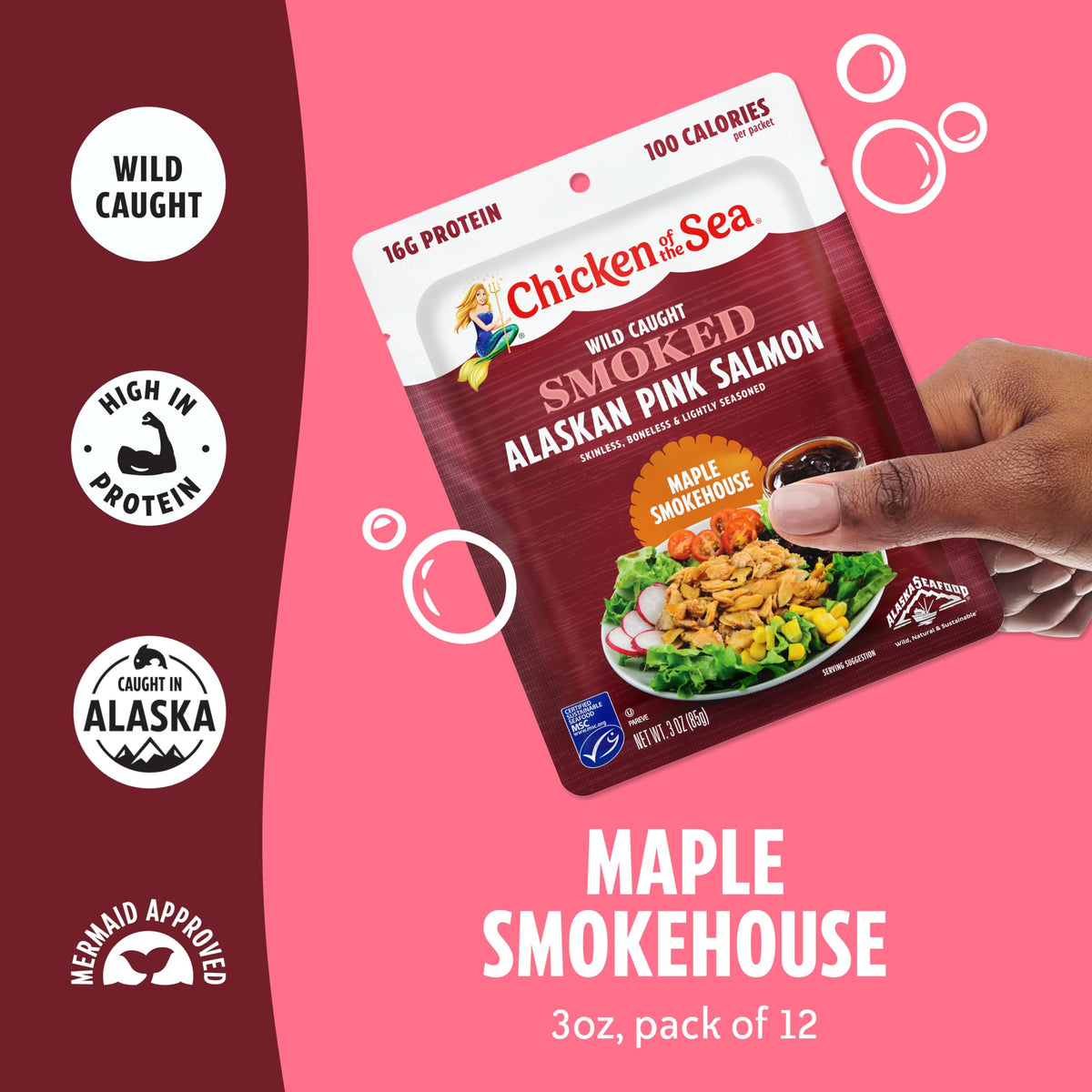 Chicken of the Sea Smoked Alaskan Pink Salmon Maple Smokehouse pouch ready-to-eat for meals on the go.
