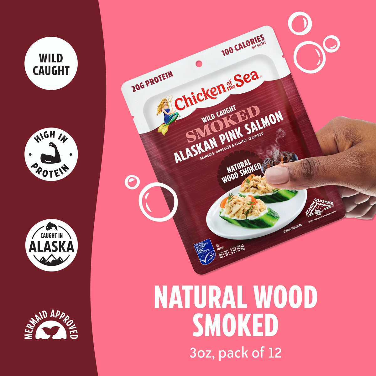 Open pouch of smoked pink salmon ready-to-eat on the go