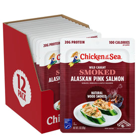 Chicken of the Sea smoked Alaskan pink salmon packaging shown for quick, convenient meals
