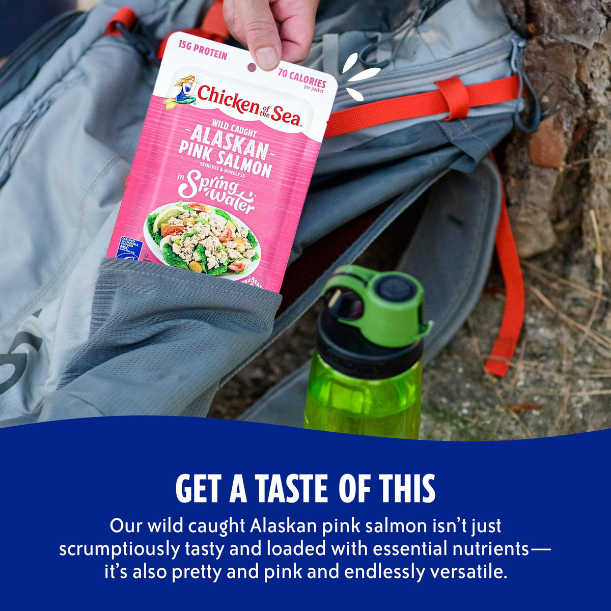 Chicken of the Sea pink salmon pouch, MSC-certified sustainable seafood.