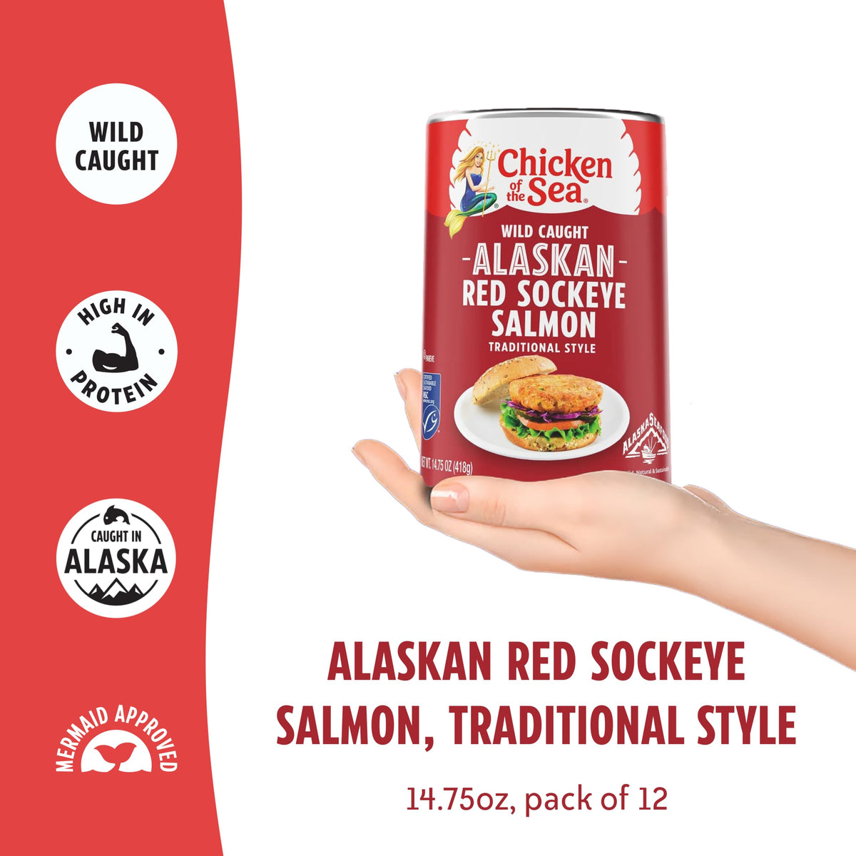 Open can shows rich sockeye fillets, ideal for pasta, salads, or tacos.