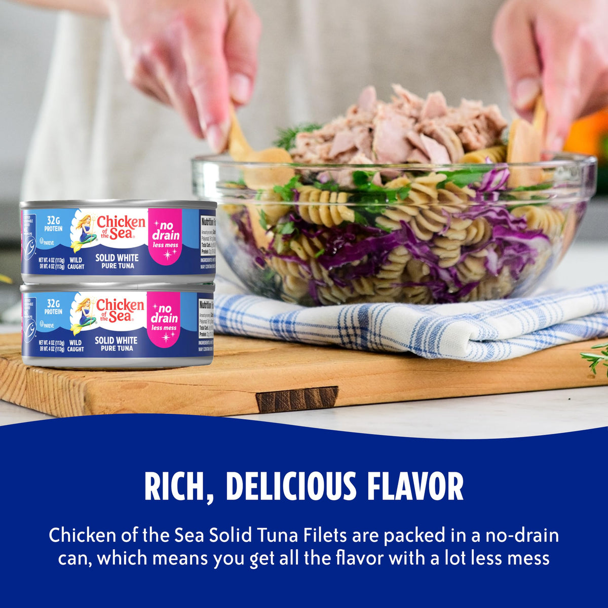 Chicken of the Sea tuna can label close-up highlights sustainable wild catch