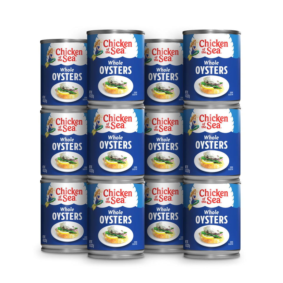 Chicken of the Sea Whole Oysters can-12-pack: protein-rich pantry staple.