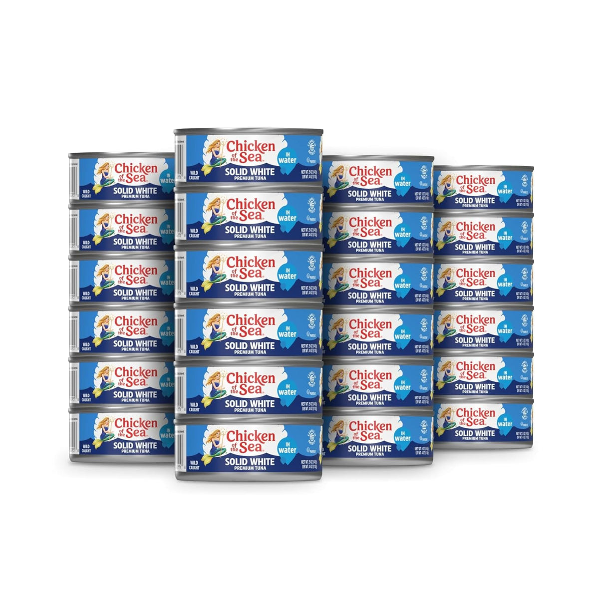 Chicken of the Sea wild caught albacore tuna in water cans on shelf, ready for quick meals.