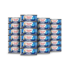Chicken of the Sea wild caught albacore tuna in water cans on shelf, ready for quick meals.