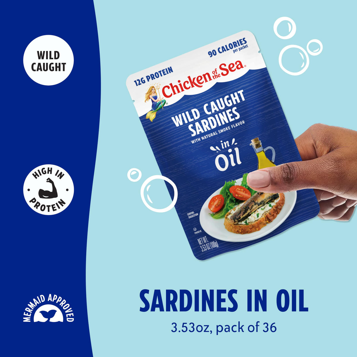 Closeup of Chicken of the Sea sardines in oil shows tender fish in flavorful oil