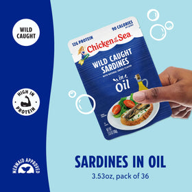 Closeup of Chicken of the Sea sardines in oil shows tender fish in flavorful oil