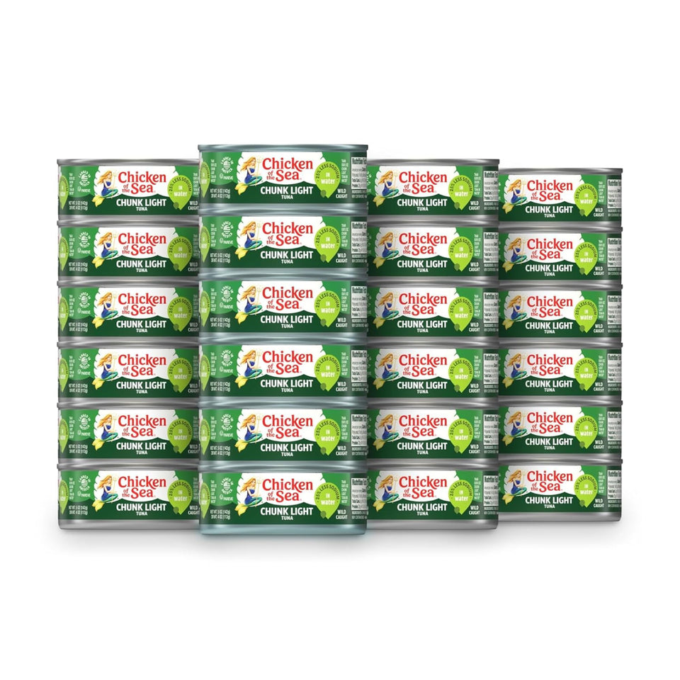 Chicken of the Sea wild-caught tuna in water 5oz can front view; high-protein option