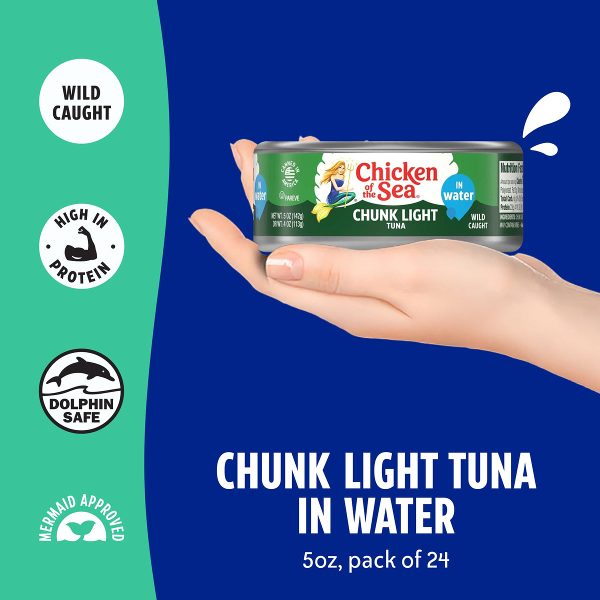 Chicken of the Sea tuna in water on pantry shelf with 24-pack display