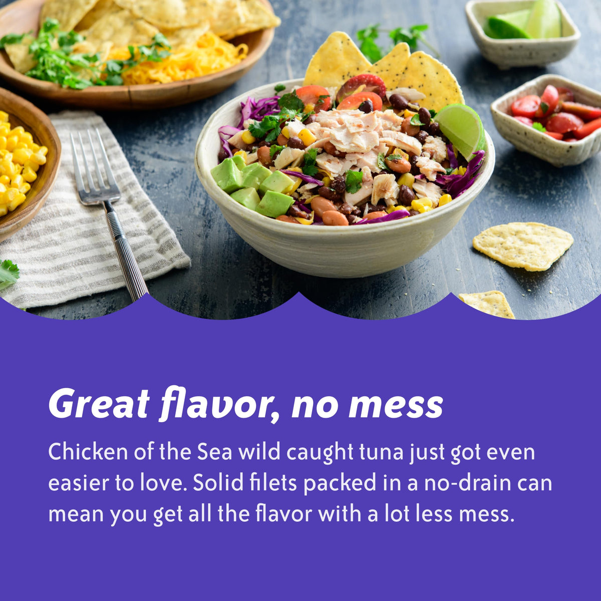 Chicken of the Sea wild-caught yellowfin solid tuna can close-up, showcasing quality.