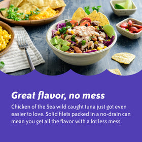 Chicken of the Sea wild-caught yellowfin solid tuna can close-up, showcasing quality.