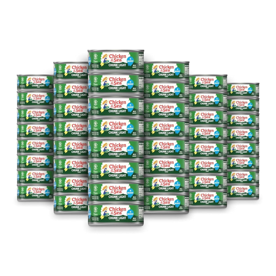 Chicken of the Sea wild tuna in water can close-up highlights clean, protein-packed flavor.