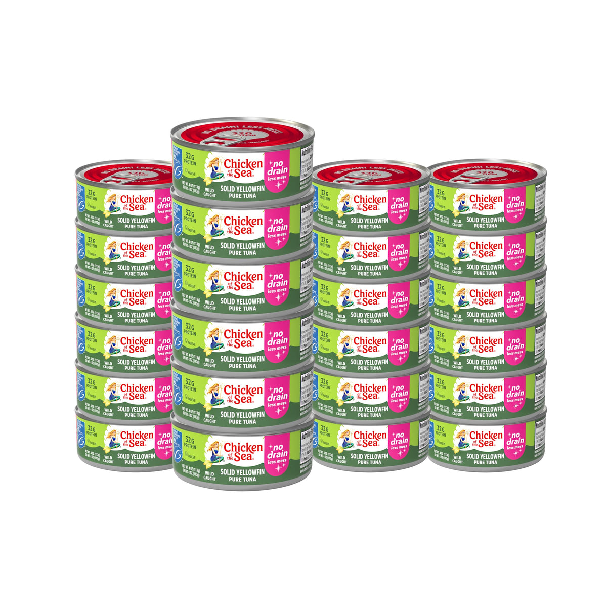 Chicken of the Sea solid yellowfin tuna in a no-drain 4 oz can for mess-free meals.