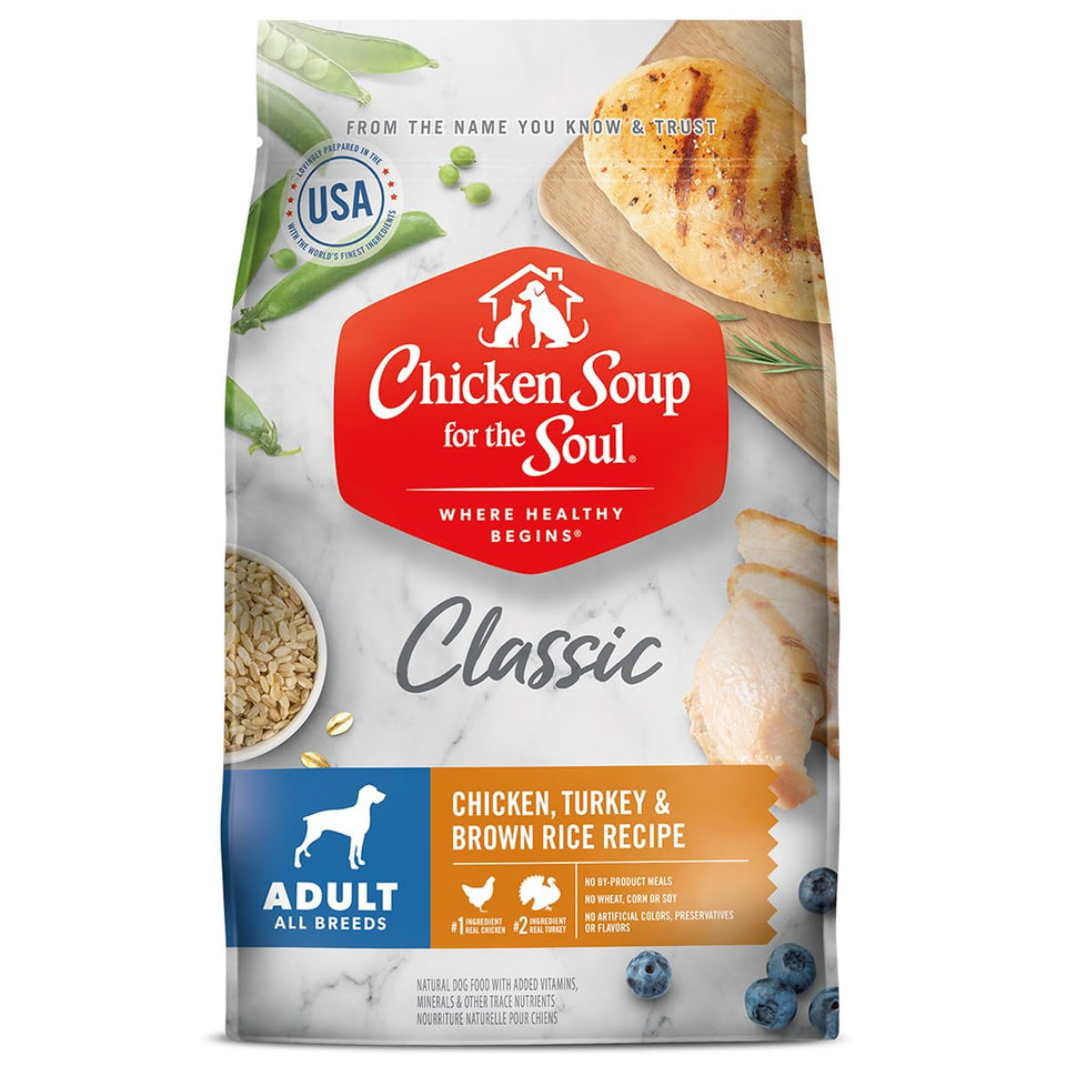 Chicken Soup for the Soul all-natural dry dog food bag showing premium ingredients for everyday meals.