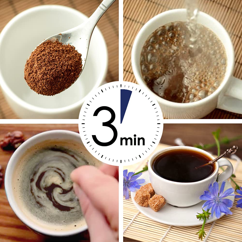 CHICORAYA cup with steam shows a rich, caffeine-free coffee alternative.