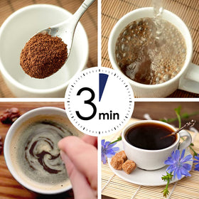 CHICORAYA cup with steam shows a rich, caffeine-free coffee alternative.