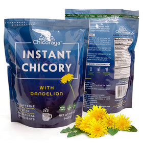 CHICORAYA Instant Chicory Coffee package front showing caffeine-free, keto-friendly option.