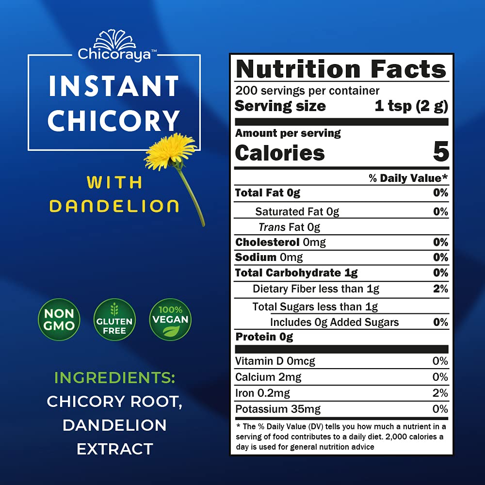 CHICORAYA Instant Chicory Coffee package side highlights gluten-free, sugar-free promise.