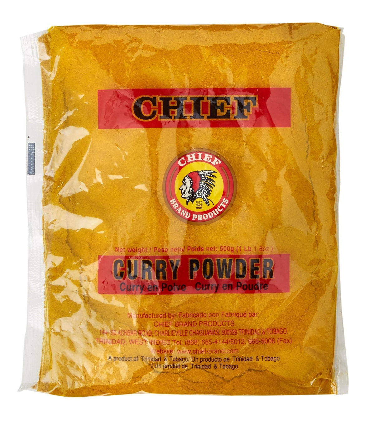 Chief Brand Curry Powder 500g package on kitchen shelf adds bold flavor to meals.