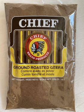 Chief Roasted Gerra ground cumin seeds in jar, ideal for curries and tacos.