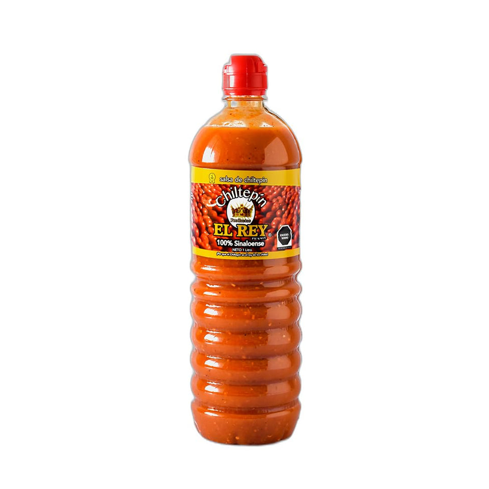 Chiltepin El Rey seafood salsa bottle adds bold heat to seafood dishes.