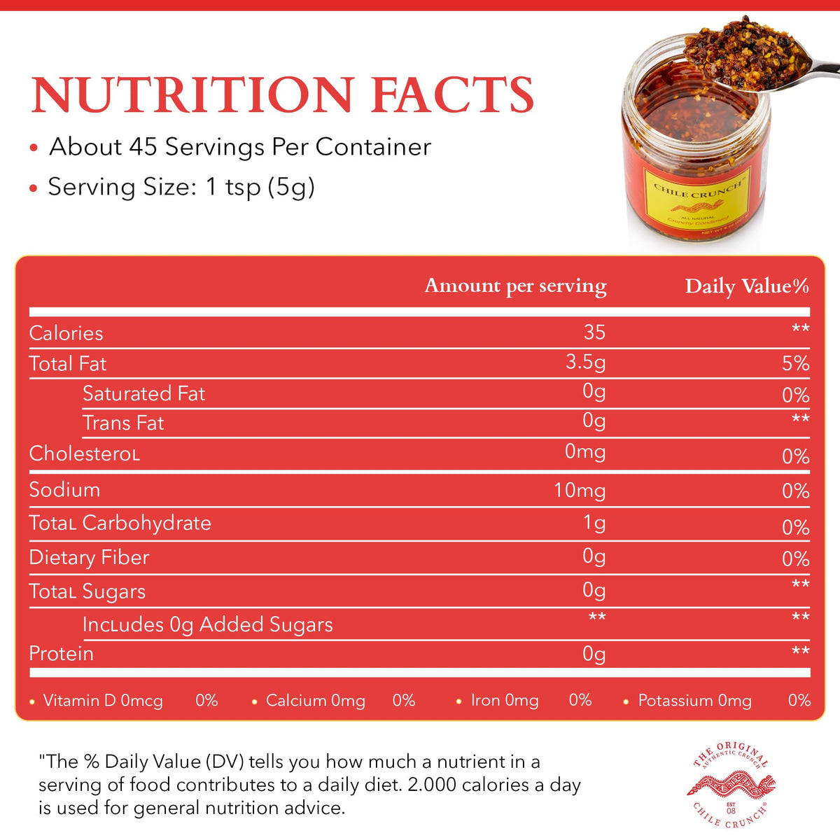 Chile Crunch Original Spicy Crunchy Condiment label closeup showing clean ingredients.