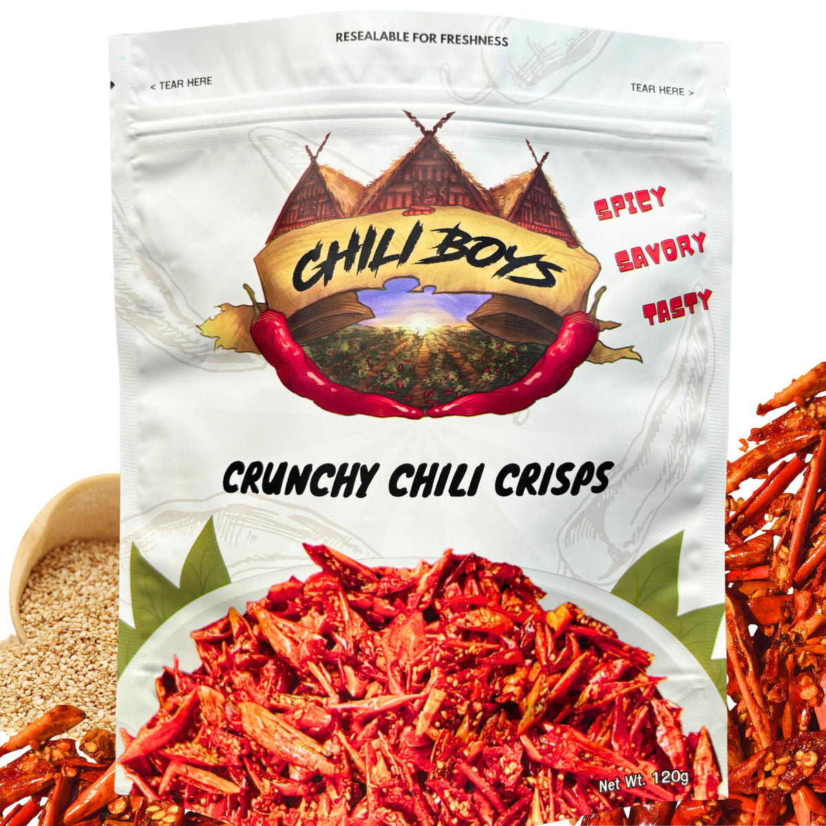 Chili Boys vegan chili crisps in resealable bag for on-the-go snacking