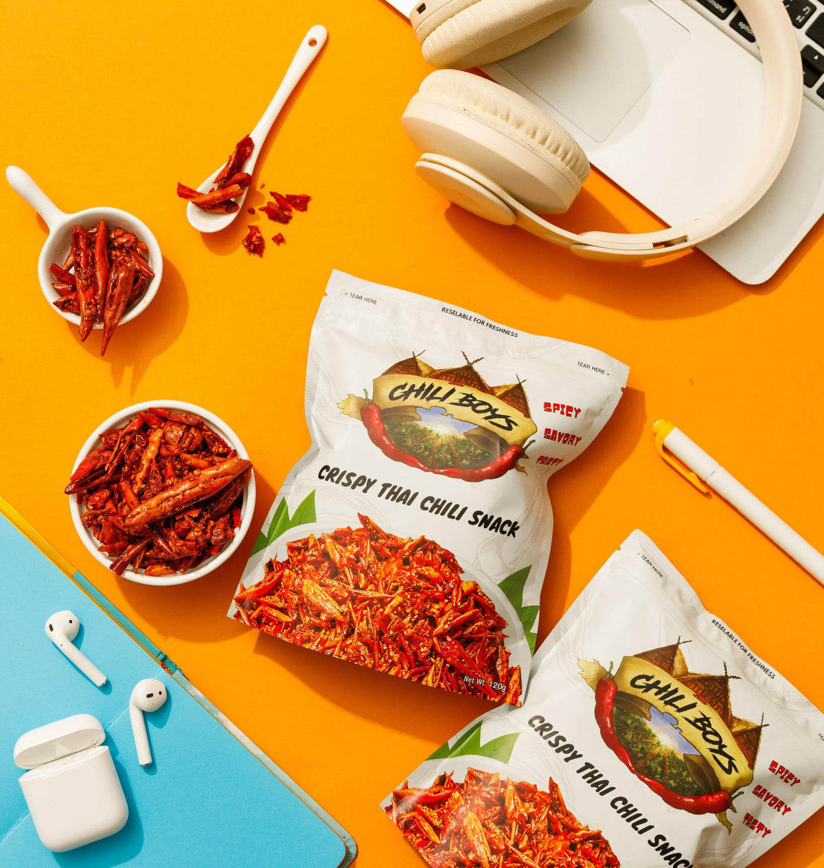 Chili Boys crisps on noodles adding savory spice