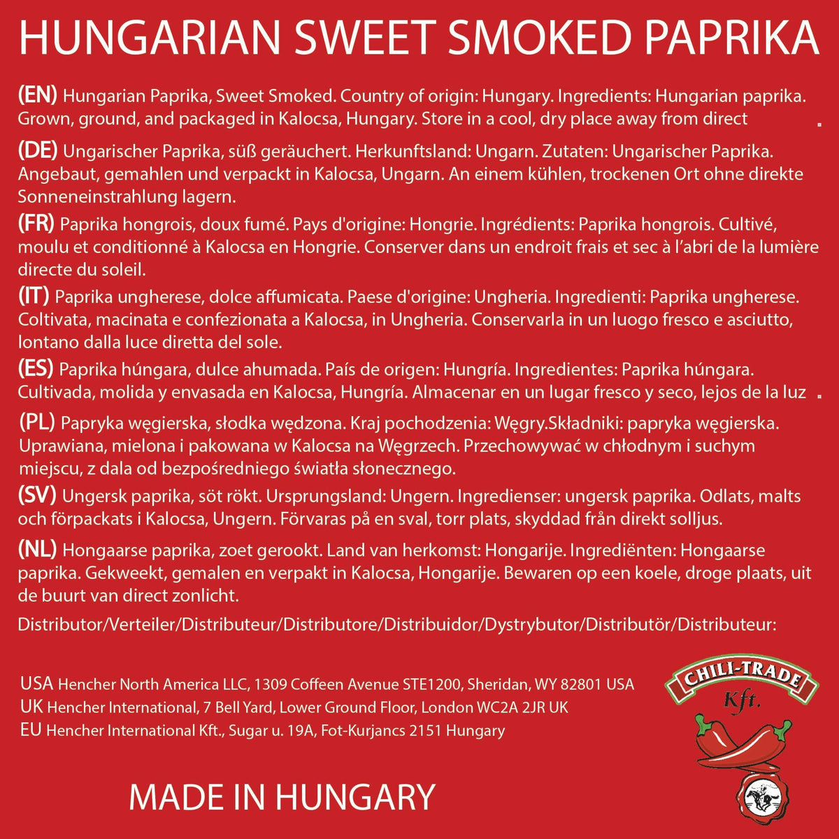 CHILI-TRADE Kalocsa paprika packaging emphasizes authenticity and freshness in your pantry.