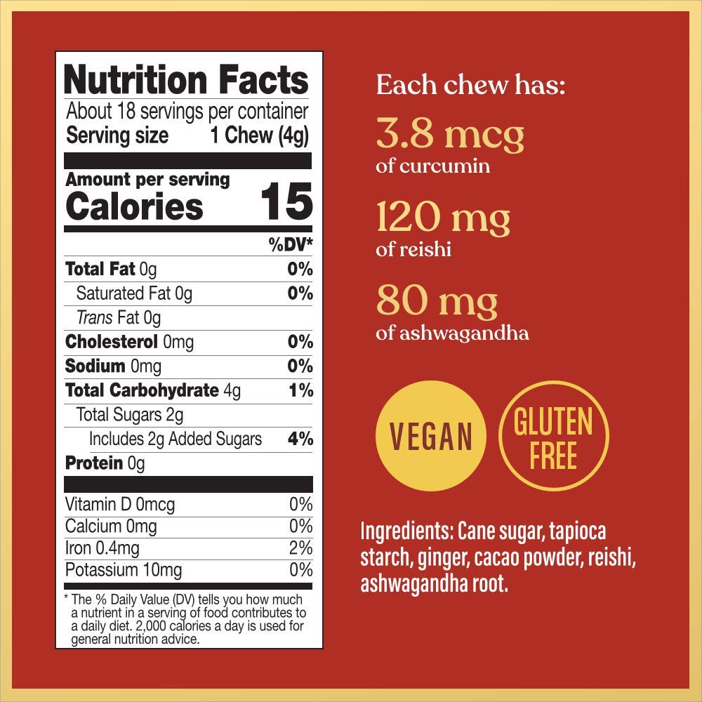Chimes Calmer Cacao infographic featuring Ashwagandha and Reishi ingredients.