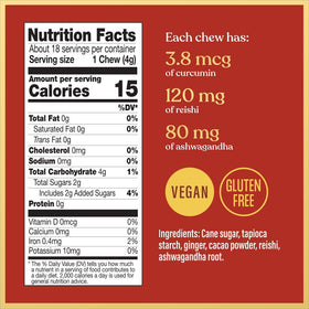 Chimes Calmer Cacao infographic featuring Ashwagandha and Reishi ingredients.