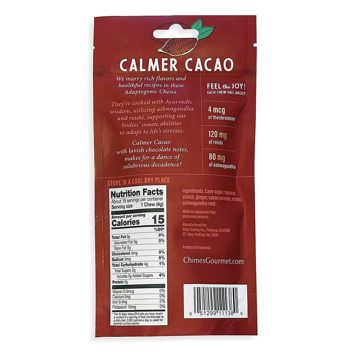 Chimes Calmer Cacao with Ashwagandha highlights wellness blend in packaging.