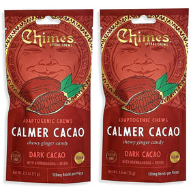 Chimes Calmer Cacao bottle showcases vegan ginger chews for calm moments.