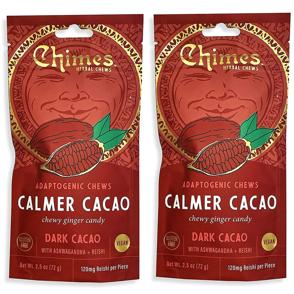 Chimes Calmer Cacao bottle showcases vegan ginger chews for calm moments.