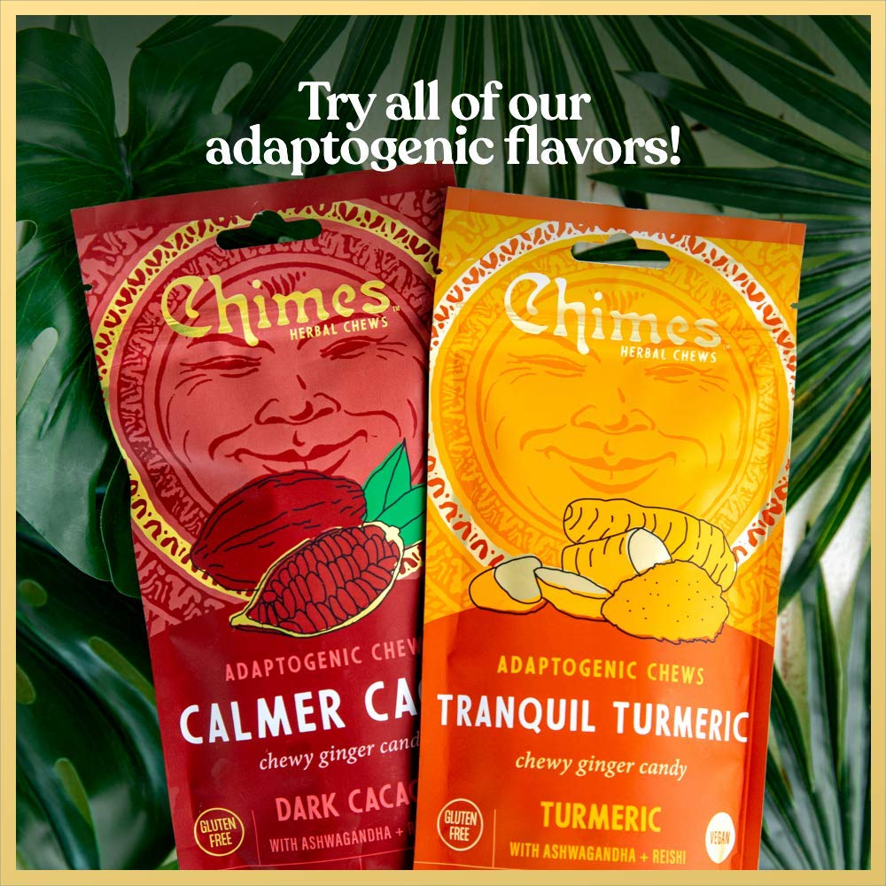 Chimes Calmer Cacao with Reishi emphasizes adaptogenic support in each chew.