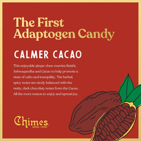 Chimes Calmer Cacao chew close-up notes theobromine and cacao richness.