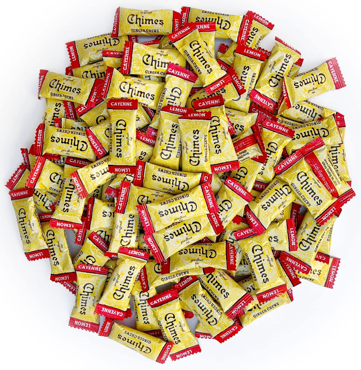 Chimes Cayenne Lemon Ginger Chews bag highlights bulk packaging for sharing
