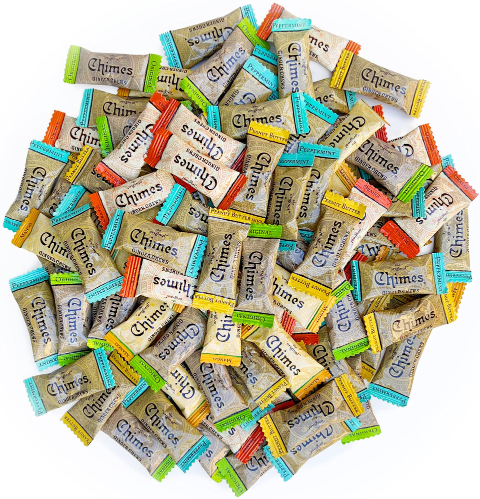 Chimes Ginger Chews 1lb Variety Bag front view, ideal on-the-go snacking.